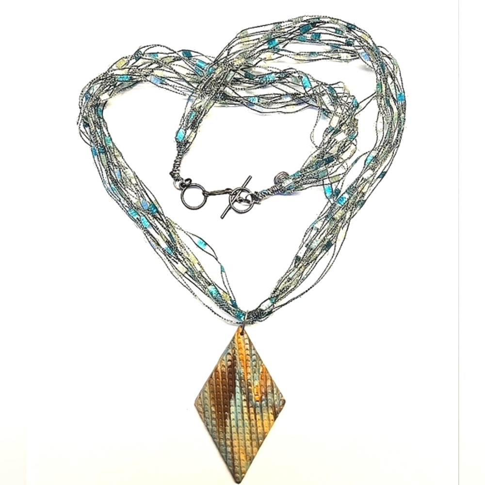 Turquoise and Brown Diamond Pendant Ribbon Yarn Necklace